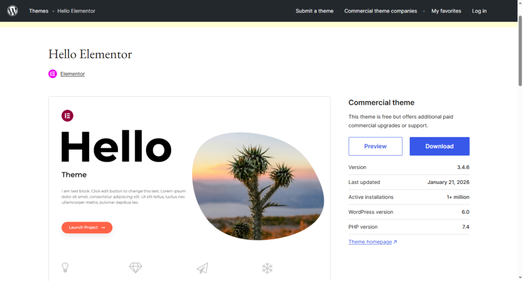 Hello Elementor is a minimal WordPress theme